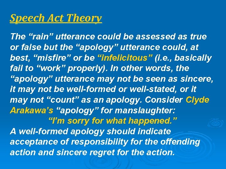 Speech Act Theory The “rain” utterance could be assessed as true or false but