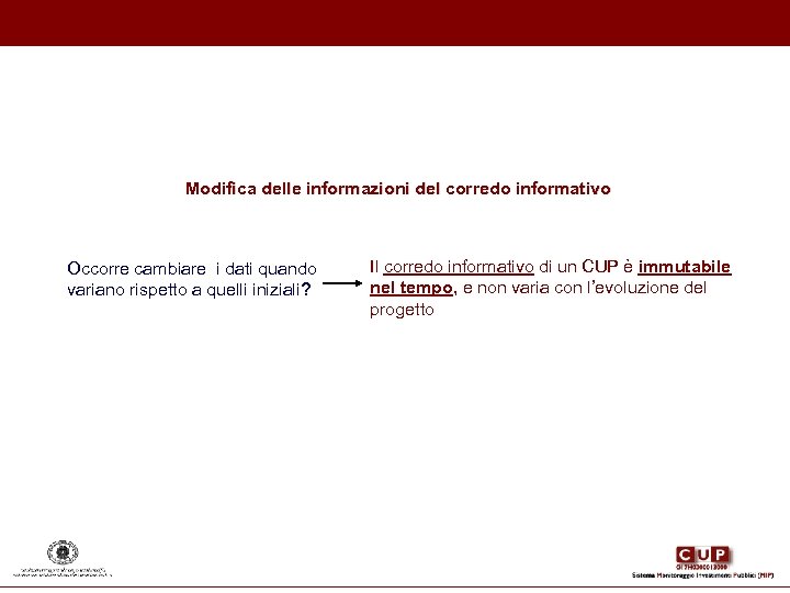 Modifica delle informazioni del corredo informativo Occorre cambiare i dati quando variano rispetto a