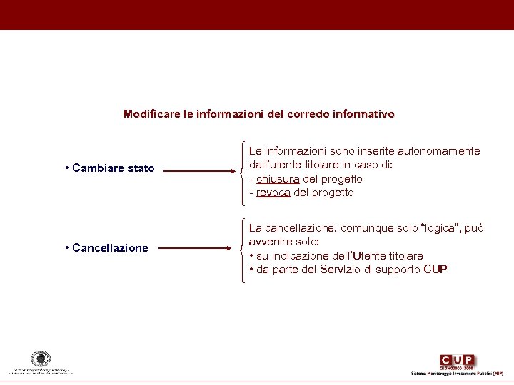 Modificare le informazioni del corredo informativo • Cambiare stato Le informazioni sono inserite autonomamente