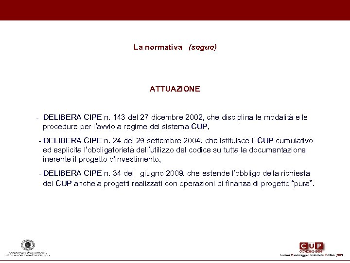 La normativa (segue) ATTUAZIONE - DELIBERA CIPE n. 143 del 27 dicembre 2002, che