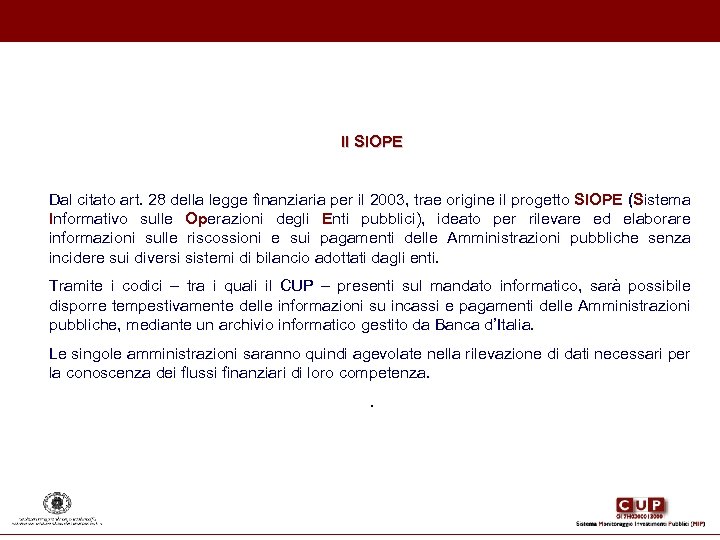 Il SIOPE Dal citato art. 28 della legge finanziaria per il 2003, trae origine