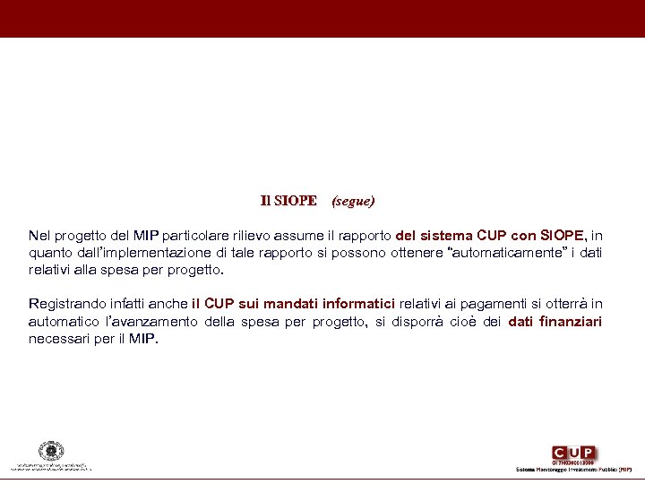 Il SIOPE (segue) Nel progetto del MIP particolare rilievo assume il rapporto del sistema