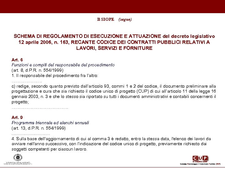 Il SIOPE (segue) SCHEMA DI REGOLAMENTO DI ESECUZIONE E ATTUAZIONE del decreto legislativo 12
