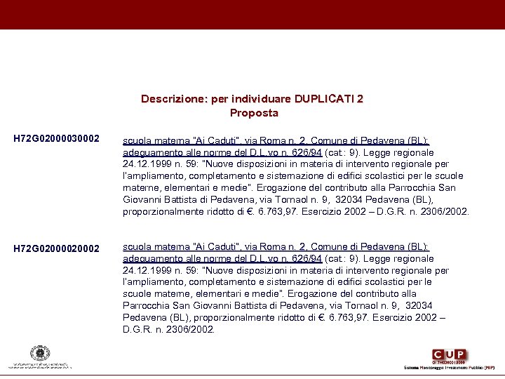 Descrizione: per individuare DUPLICATI 2 Proposta H 72 G 02000030002 scuola materna “Ai Caduti”,