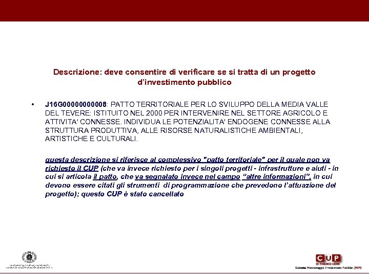 Descrizione: deve consentire di verificare se si tratta di un progetto d’investimento pubblico •