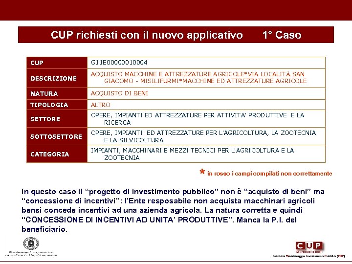 CUP richiesti con il nuovo applicativo 1° Caso CUP G 11 E 00000010004 DESCRIZIONE