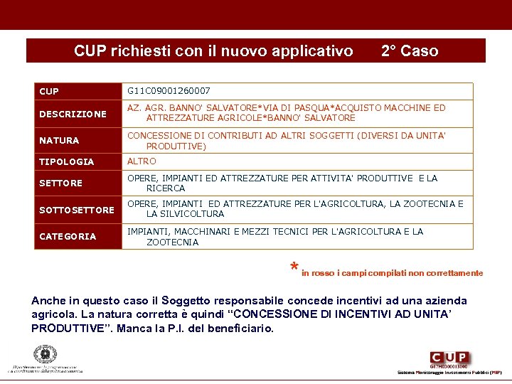 CUP richiesti con il nuovo applicativo 2° Caso CUP G 11 C 09001260007 DESCRIZIONE