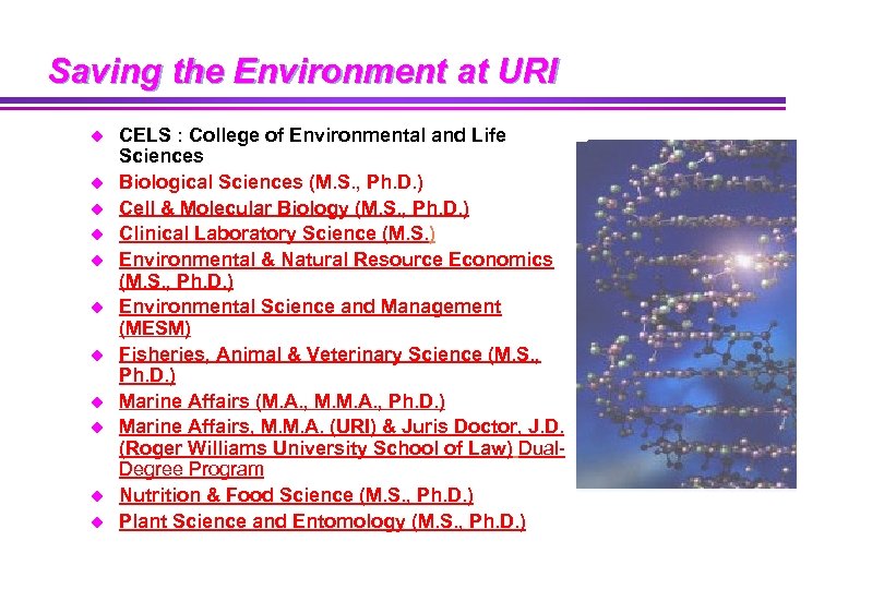 Saving the Environment at URI u u u CELS : College of Environmental and