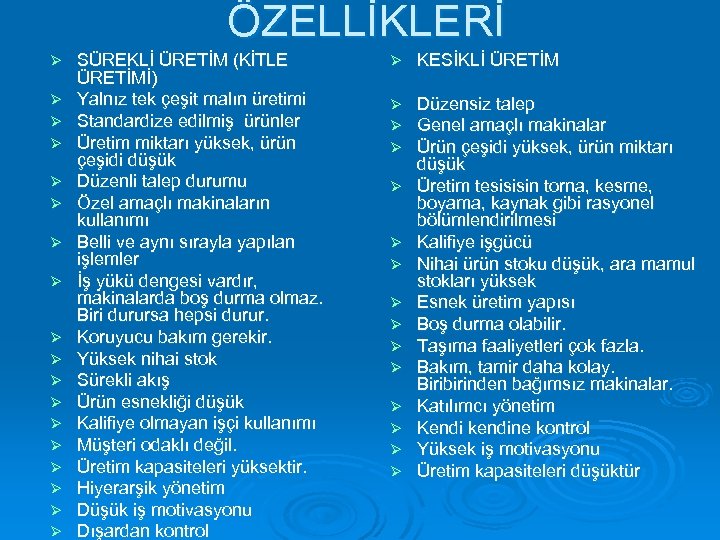 ÖZELLİKLERİ Ø Ø Ø Ø Ø SÜREKLİ ÜRETİM (KİTLE ÜRETİMİ) Yalnız tek çeşit malın