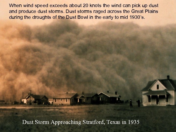 When wind speed exceeds about 20 knots the wind can pick up dust and