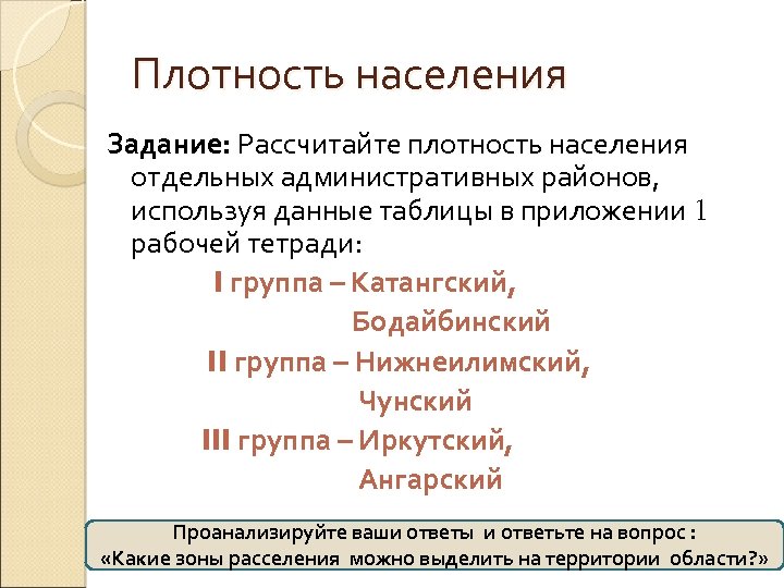 Плотность населения Задание: Рассчитайте плотность населения отдельных административных районов, используя данные таблицы в приложении