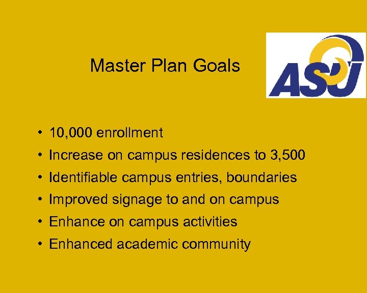 Master Plan Goals • 10, 000 enrollment • Increase on campus residences to 3,