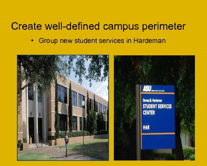 Create well-defined campus perimeter • Group new student services in Hardeman 