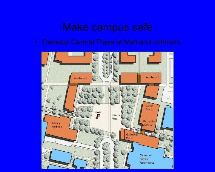 Make campus safe • Develop Central Plaza at Mall and Johnson 