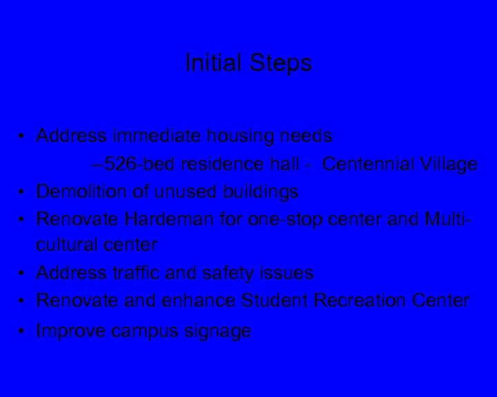 Initial Steps • Address immediate housing needs – 526 -bed residence hall - Centennial