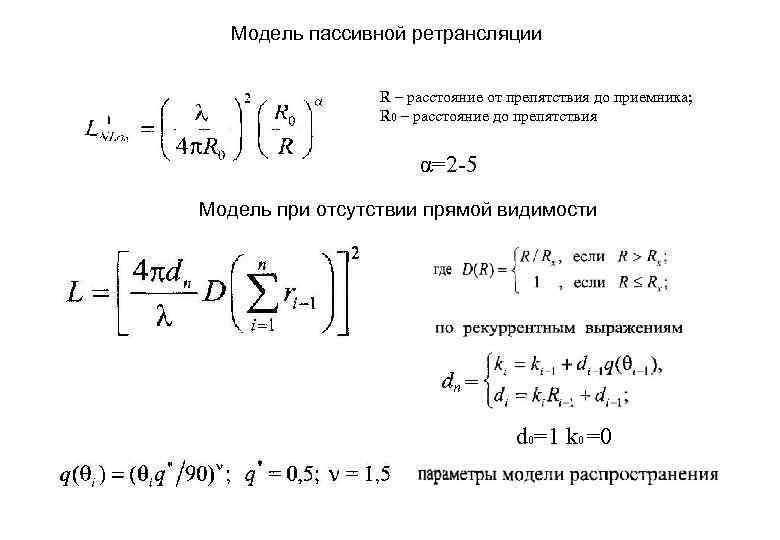 Модель пассивной ретрансляции R – расстояние от препятствия до приемника; R 0 – расстояние
