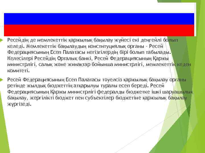  Ресейдің де мемлекеттік қаржылық бақылау жүйесі екі деңгейлі болып келеді. Мемлекеттік бақылаудың конституциялық