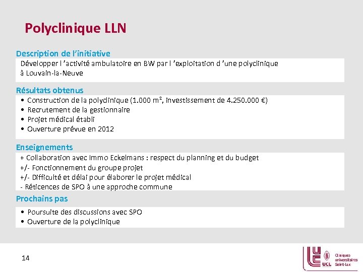 Polyclinique LLN Description de l’initiative Développer l ’activité ambulatoire en BW par l ’exploitation