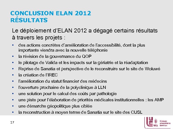 CONCLUSION ELAN 2012 RÉSULTATS Le déploiement d’ELAN 2012 a dégagé certains résultats à travers