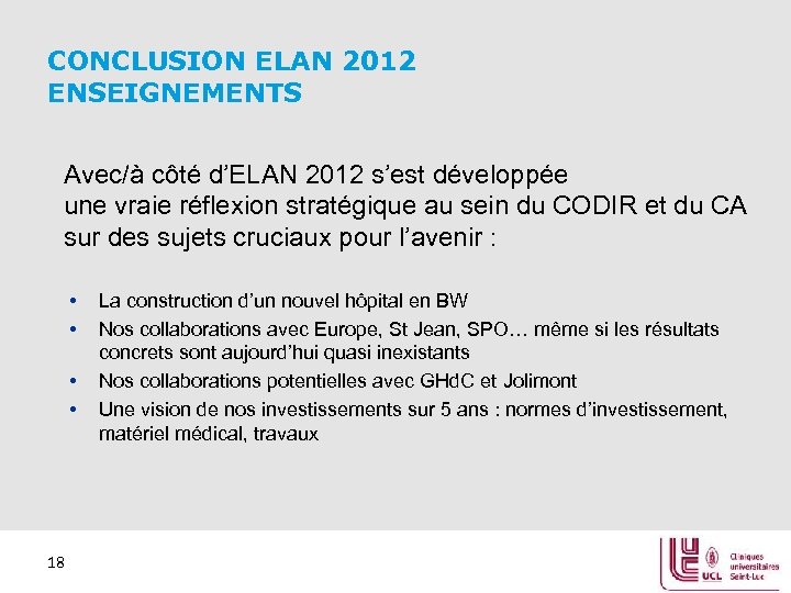 CONCLUSION ELAN 2012 ENSEIGNEMENTS Avec/à côté d’ELAN 2012 s’est développée une vraie réflexion stratégique