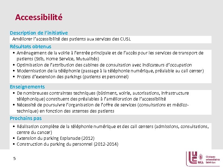 Accessibilité Description de l’initiative Améliorer l’accessibilité des patients aux services des CUSL Résultats obtenus