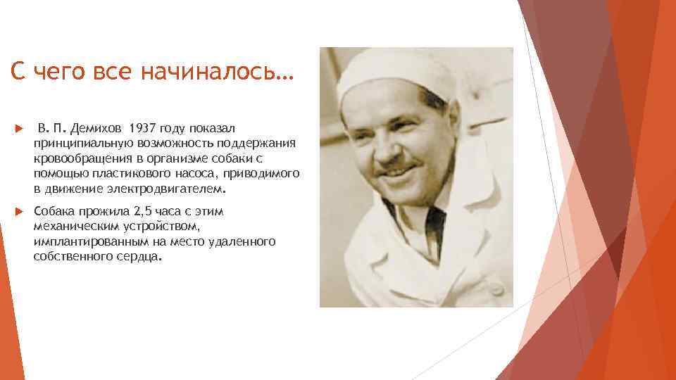С чего все начиналось… В. П. Демихов 1937 году показал принципиальную возможность поддержания кровообращения