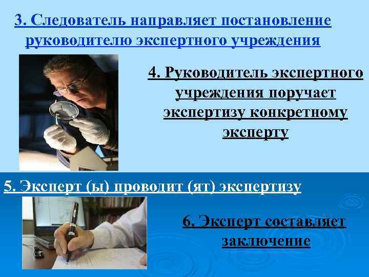 3. Следователь направляет постановление руководителю экспертного учреждения 4. Руководитель экспертного учреждения поручает экспертизу конкретному