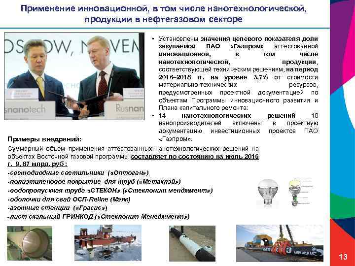 Применение инновационной, в том числе нанотехнологической, продукции в нефтегазовом секторе Примеры внедрений: • Установлены