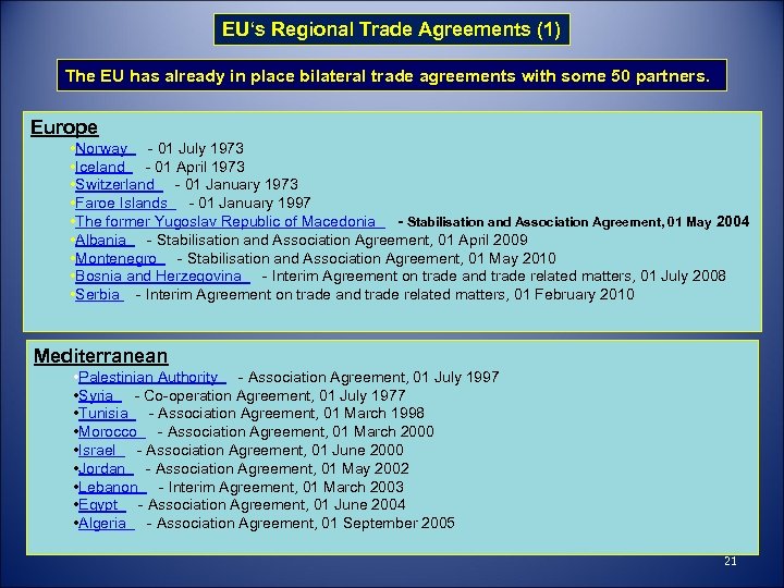 EU‘s Regional Trade Agreements (1) The EU has already in place bilateral trade agreements