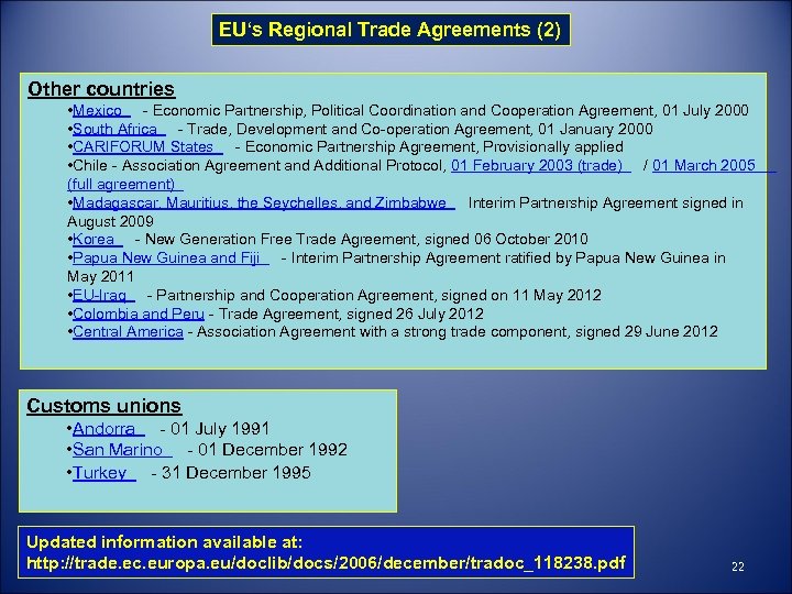 EU‘s Regional Trade Agreements (2) Other countries • Mexico - Economic Partnership, Political Coordination