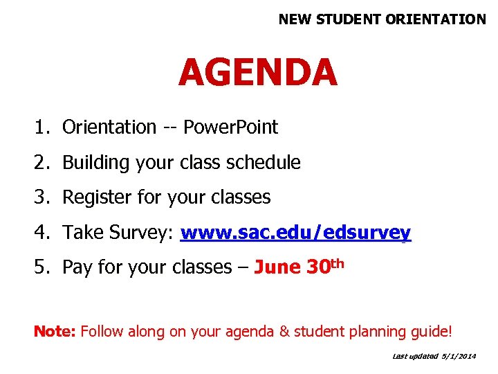 NEW STUDENT ORIENTATION AGENDA 1. Orientation -- Power. Point 2. Building your class schedule