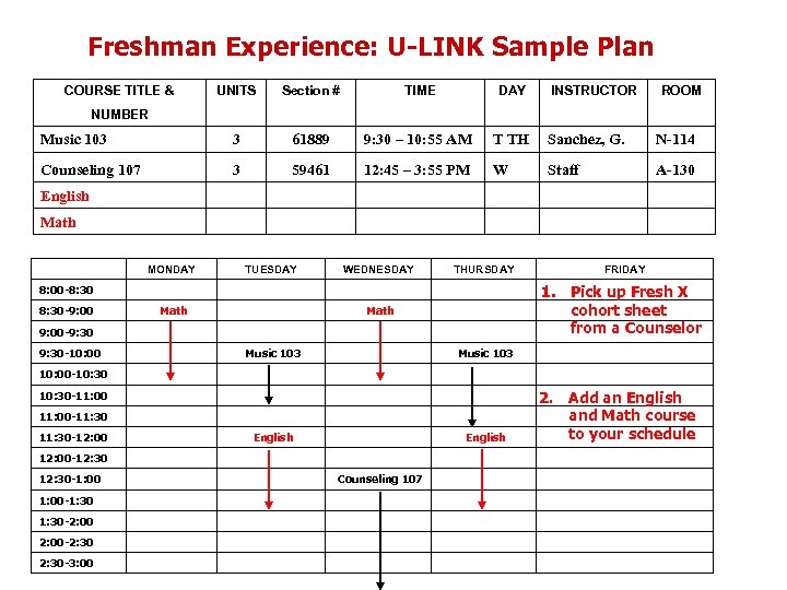 Freshman Experience: U-LINK Sample Plan COURSE TITLE & UNITS Section # NUMBER Music 103
