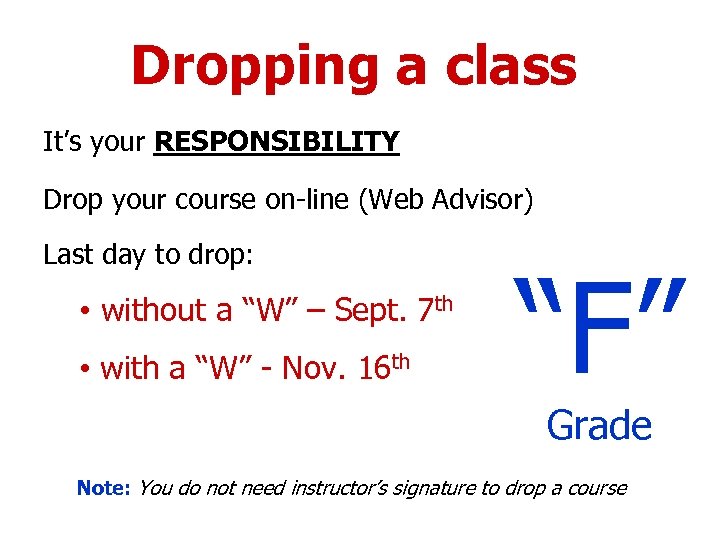 Dropping a class It’s your RESPONSIBILITY Drop your course on-line (Web Advisor) Last day