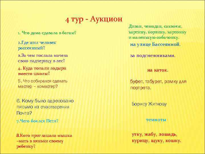 4 тур - Аукцион 1. Что дама сдавала в багаж? 2. Где жил человек