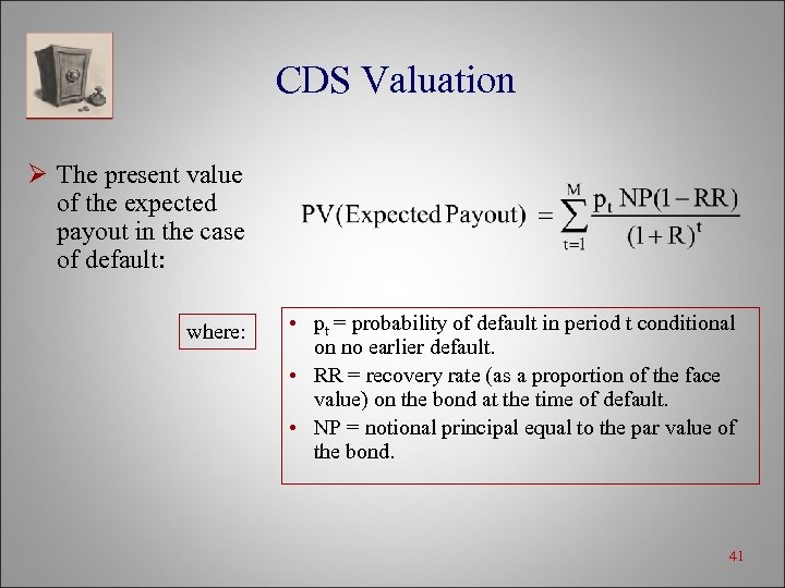 CDS Valuation Ø The present value of the expected payout in the case of