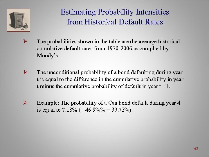 Estimating Probability Intensities from Historical Default Rates Ø The probabilities shown in the table
