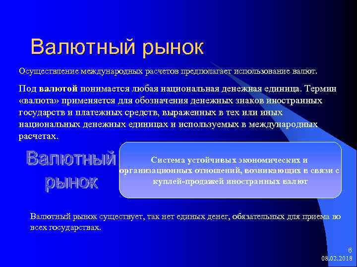 Валютный рынок Осуществление международных расчетов предполагает использование валют. Под валютой понимается любая национальная денежная