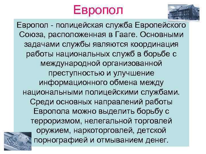 Европол - полицейская служба Европейского Союза, расположенная в Гааге. Основными задачами службы являются координация