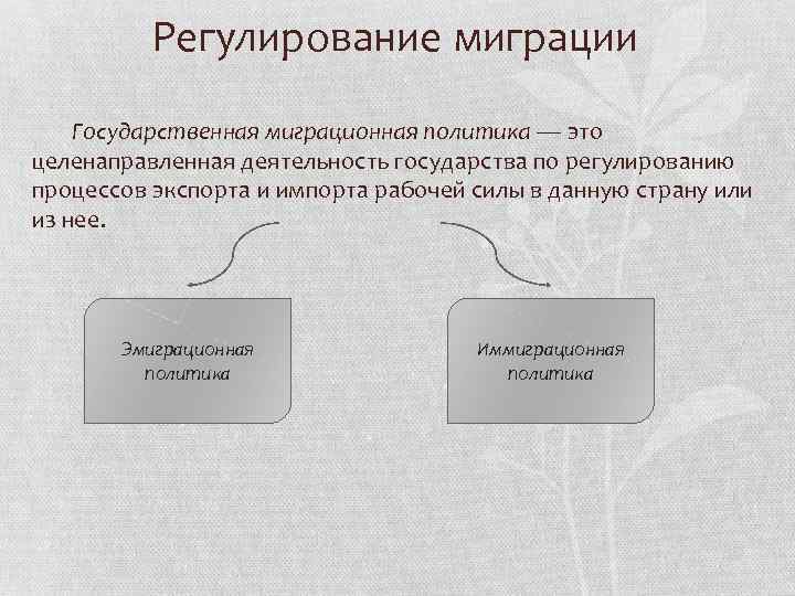 Регулирование миграции Государственная миграционная политика — это целенаправленная деятельность государства по регулированию процессов экспорта