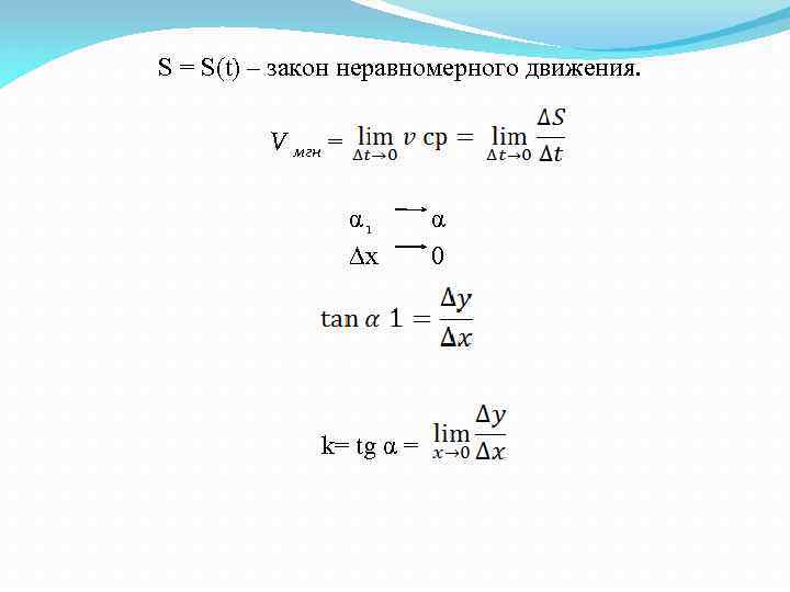 S = S(t) – закон неравномерного движения. V мгн = α 1 α ∆x