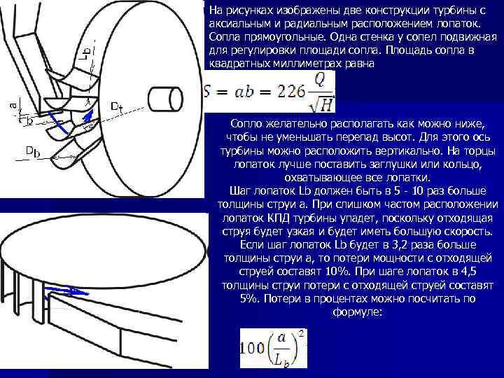 На рисунках изображены две конструкции турбины с аксиальным и радиальным расположением лопаток. Сопла прямоугольные.