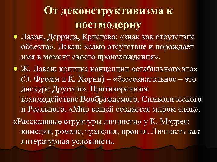 От деконструктивизма к постмодерну Лакан, Деррида, Кристева: «знак как отсутствие объекта» . Лакан: «само