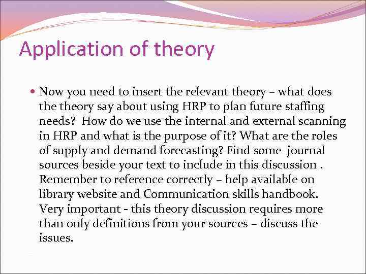 Application of theory Now you need to insert the relevant theory – what does