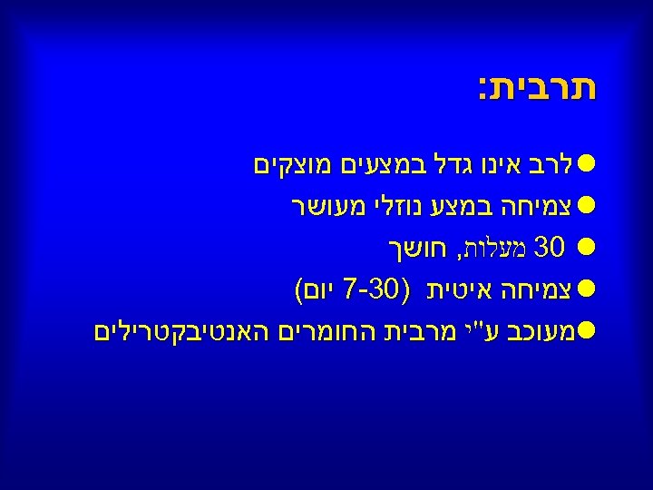  תרבית: l לרב אינו גדל במצעים מוצקים l צמיחה במצע נוזלי מעושר 30