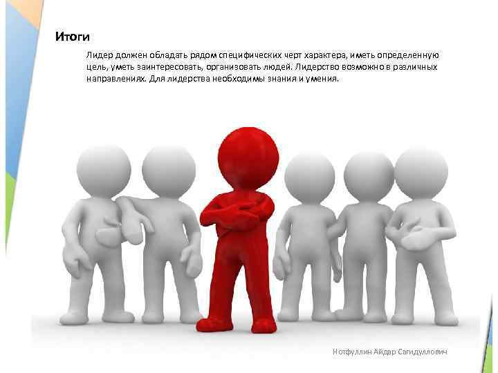 Итоги Лидер должен обладать рядом специфических черт характера, иметь определенную цель, уметь заинтересовать, организовать