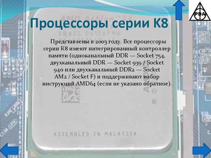 Процессоры серии K 8 Представлены в 2003 году. Все процессоры серии К 8 имеют