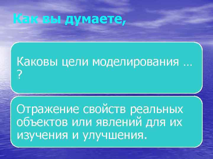 Как вы думаете, Каковы цели моделирования … ? Отражение свойств реальных объектов или явлений