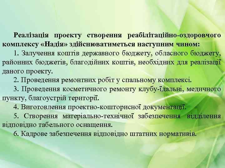 Реалізація проекту створення реабілітаційно-оздоровчого комплексу «Надія» здійснюватиметься наступним чином: 1. Залучення коштів державного бюджету,