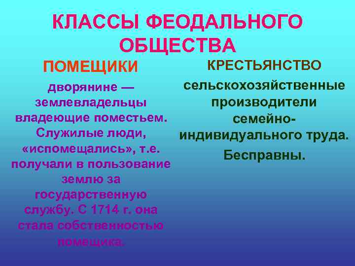 КЛАССЫ ФЕОДАЛЬНОГО ОБЩЕСТВА КРЕСТЬЯНСТВО сельскохозяйственные дворянине — землевладельцы производители владеющие поместьем. семейно. Служилые люди,