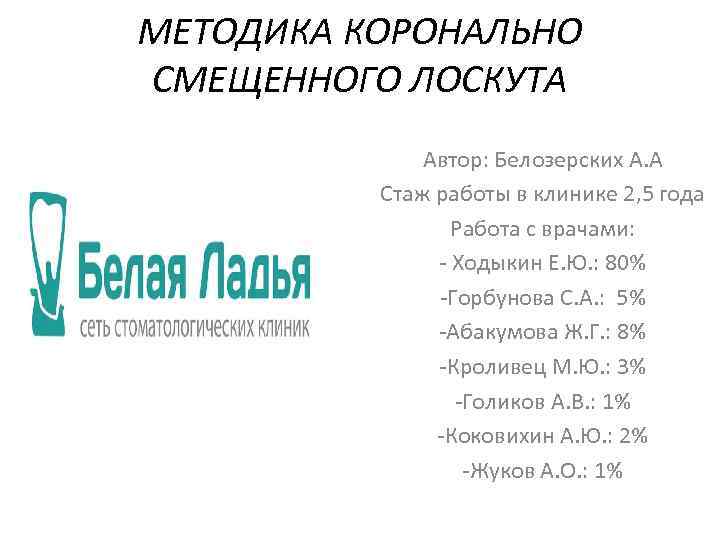 МЕТОДИКА КОРОНАЛЬНО СМЕЩЕННОГО ЛОСКУТА Автор: Белозерских А. А Стаж работы в клинике 2, 5